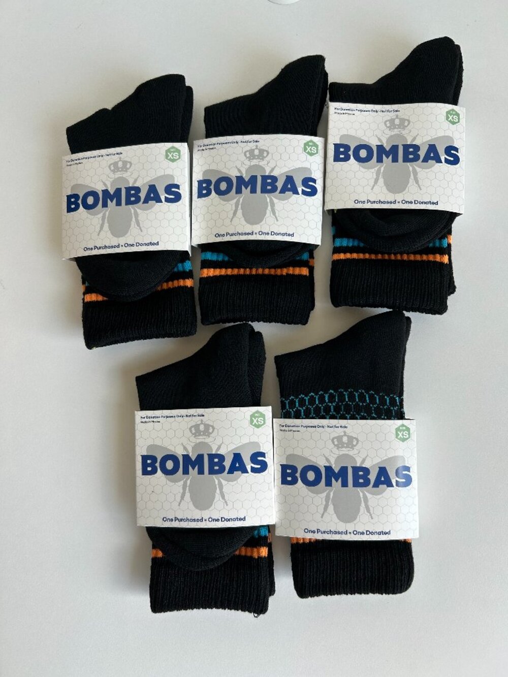5 Pairs Bombas Socks - Black with Orange and Blue Stripes - Size XS
